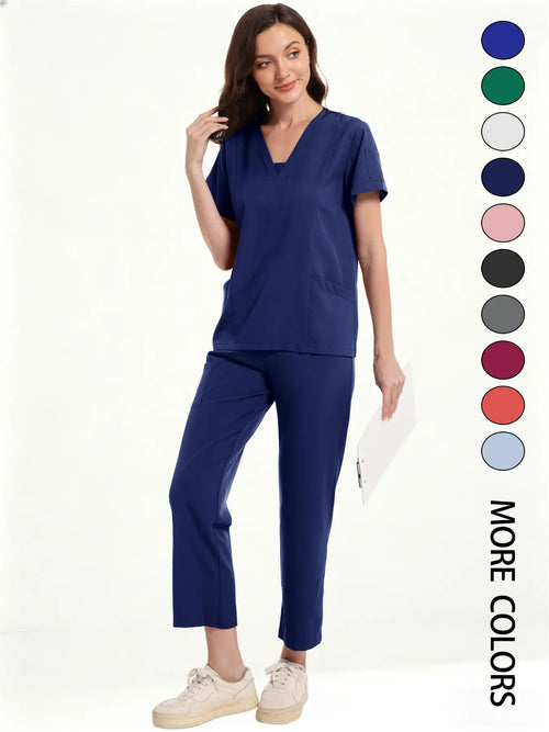 Women's Medical Short Sleeve V-Neck Multi-Pocket Set Uniforms, Lightweight Comfortable Polyester, All Seasons, Suitable for Nurses Doctors Dentists Beauty Salons, Workwear Womenswear - Color: Navy Blue, Size: S